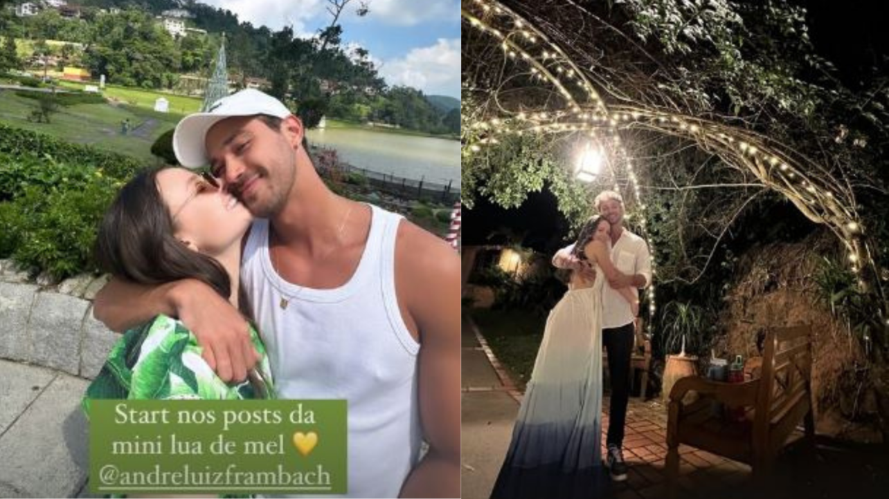 Montagem com fotos de Larissa Manoela e André Luiz Frambach para mostrar lua de mel