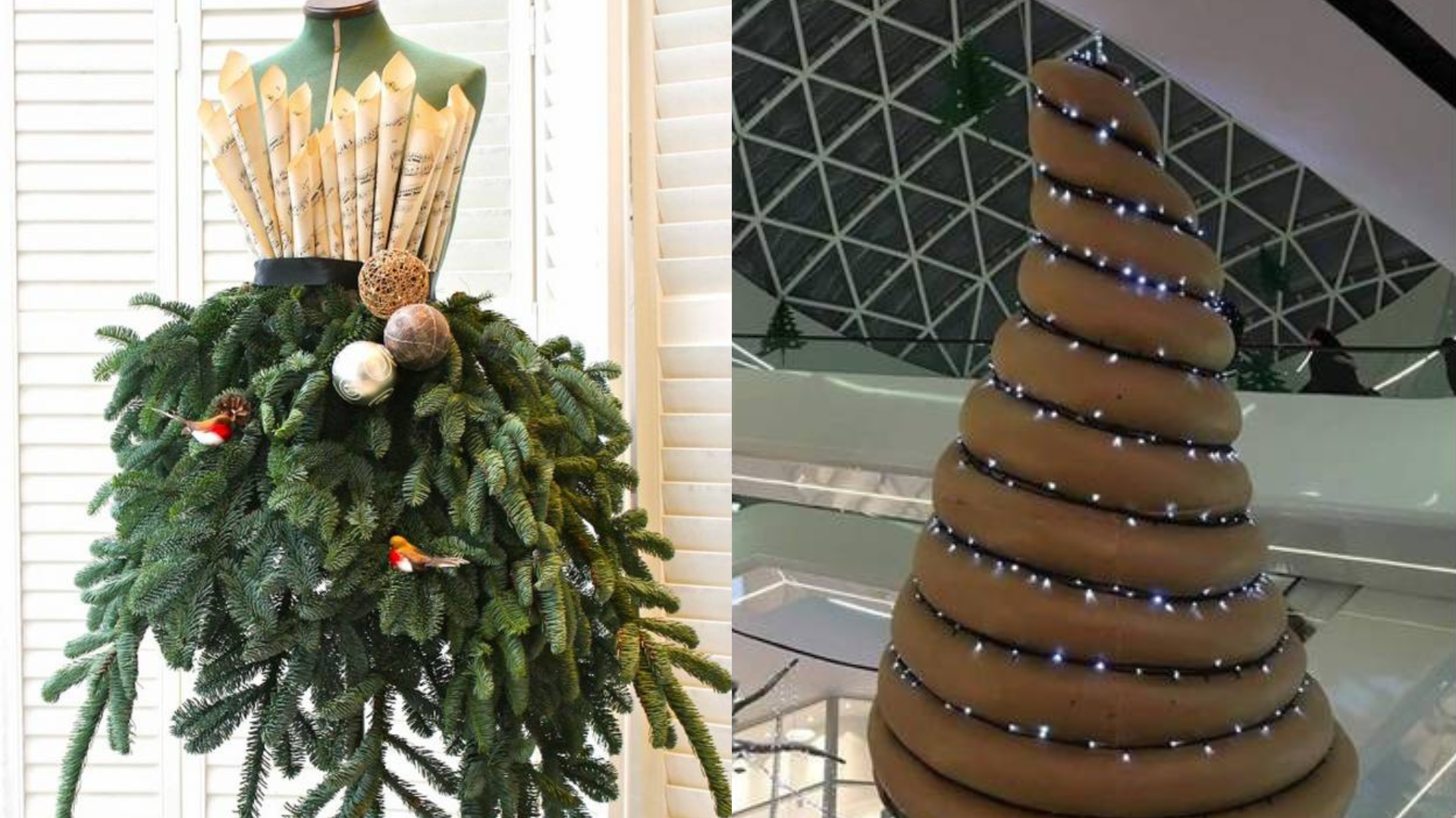 Árvores de natal em forma de vestido e de cocô para mostrar decorações bizarras
