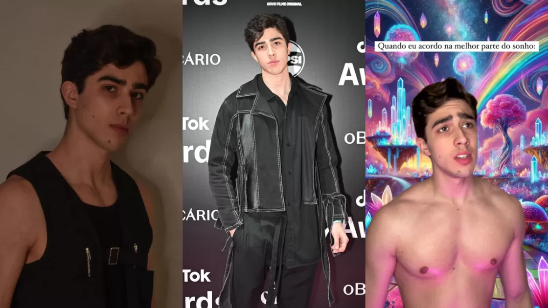 Três imagens de João Pedro Chaseliov. Na primeira, ele posa em um estúdio com expressão séria. Na segunda, ele está em um evento formal no TikTok Awards, vestindo uma jaqueta estilosa. Na terceira, ele aparece em um vídeo criativo, com fundo psicodélico, ilustrando seu humor característico e presença digital.