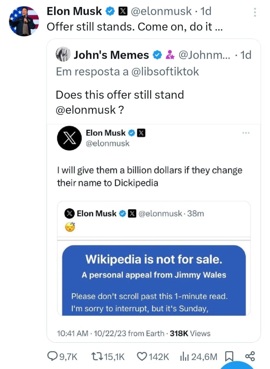 Elon Musk faz oferta para a Wikipédia
