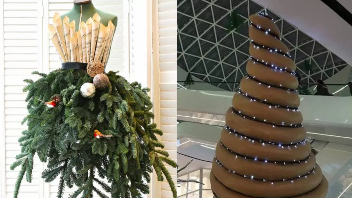 Árvores de natal em forma de vestido e de cocô para mostrar decorações bizarras