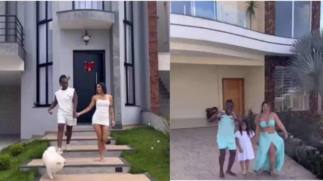 Pepê e Neném com as famílias em frente às casas